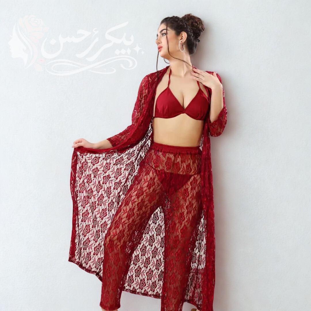 Luxury Lace 4-Piece Nightwear Set with Sheer Long Gown