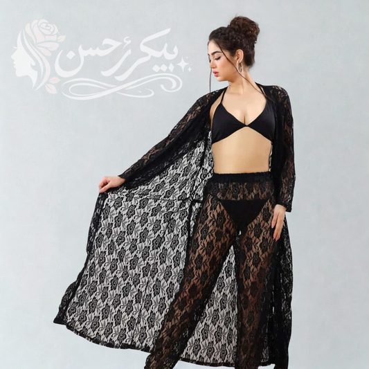 Luxury Lace 4-Piece Nightwear Set with Sheer Long Gown