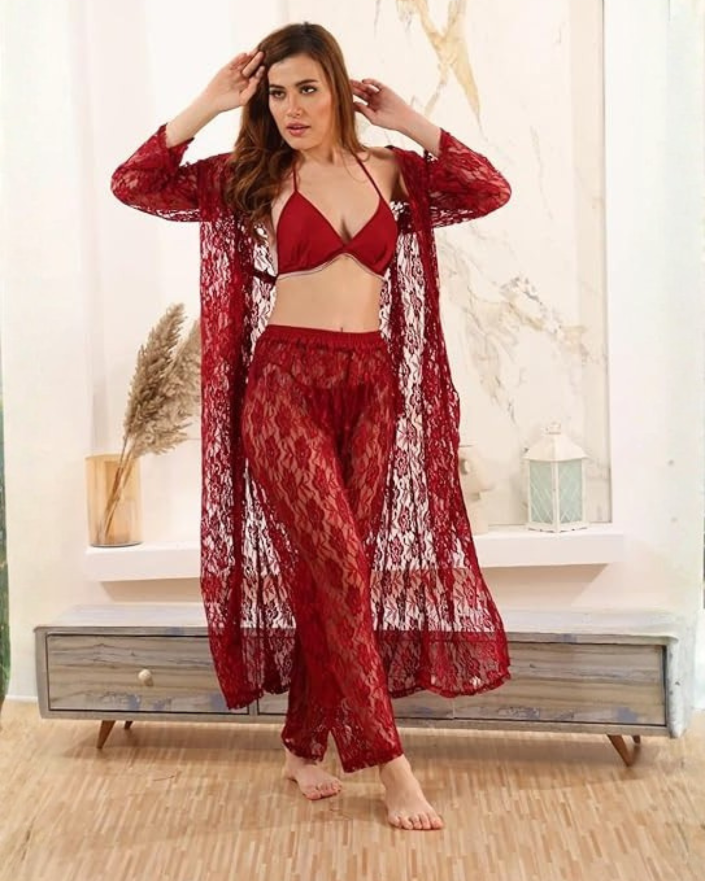 Luxury Lace 4-Piece Nightwear Set with Sheer Long Gown