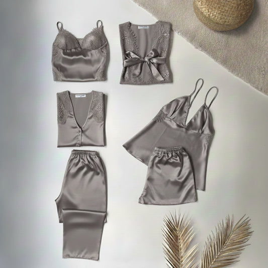 Grey Luxury 6-Piece Silk Nightwear Set with Long Slit