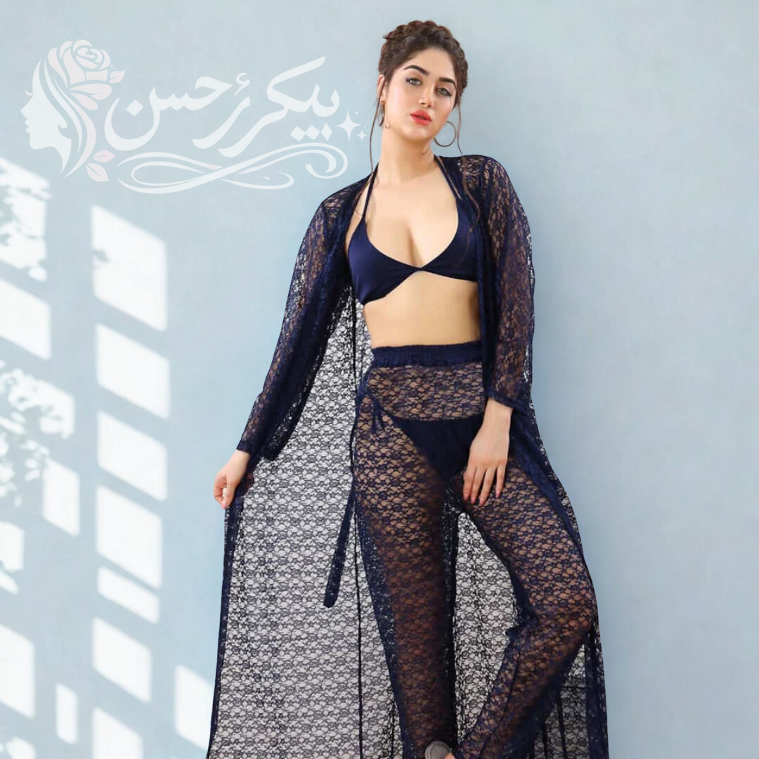 Luxury Lace 4-Piece Nightwear Set with Sheer Long Gown