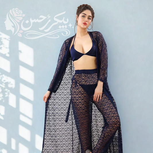 Luxury Lace 4-Piece Nightwear Set with Sheer Long Gown