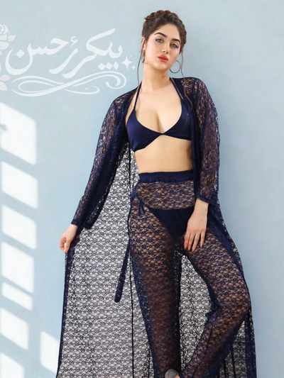 Luxury Lace 4-Piece Nightwear Set with Sheer Long Gown