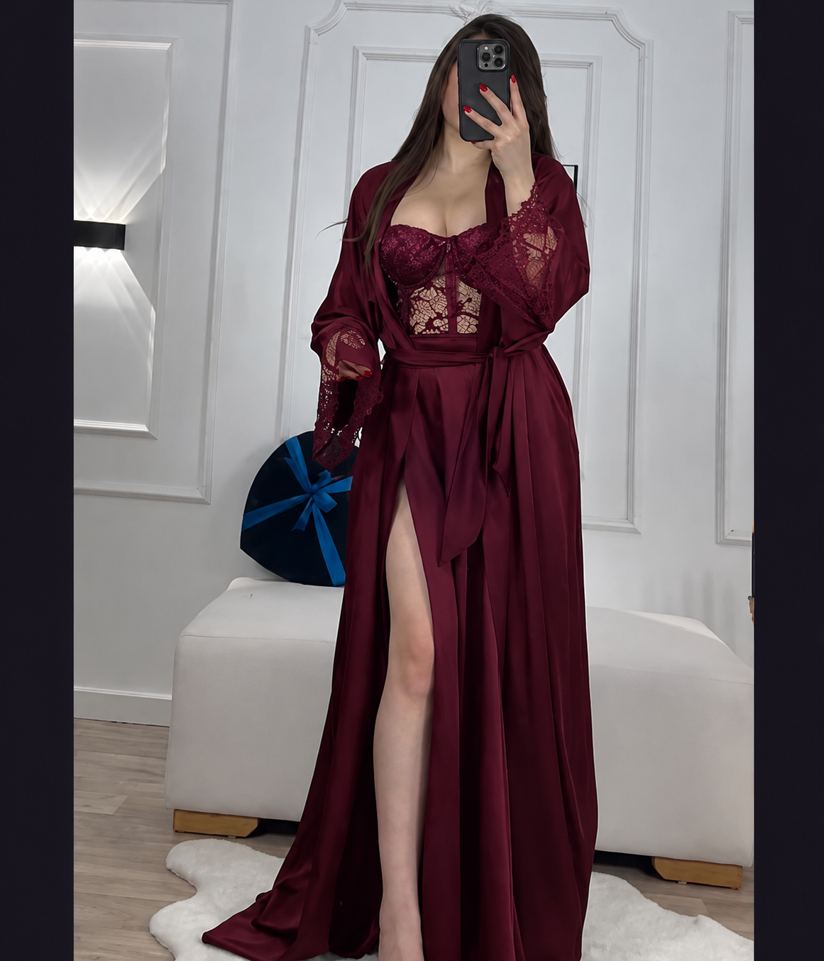 Black Silk Robe with Sheer Lace Overlay – Luxury Flowing Nightwear Set | Original Silk