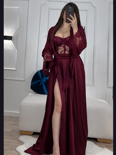 Black Silk Robe with Sheer Lace Overlay – Luxury Flowing Nightwear Set | Original Silk