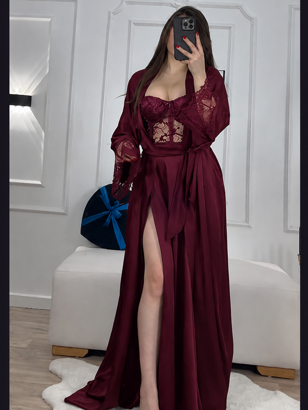 Black Silk Robe with Sheer Lace Overlay – Luxury Flowing Nightwear Set | Original Silk
