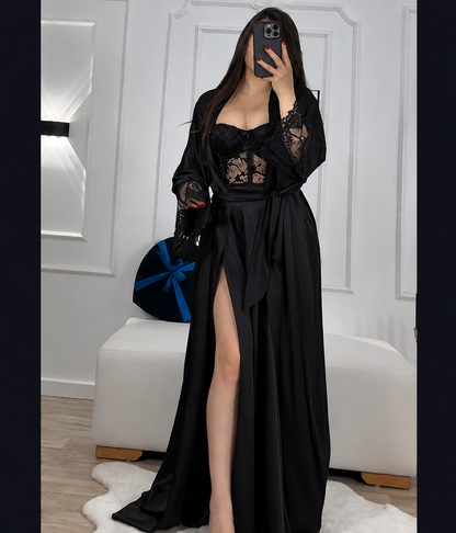 Black Silk Robe with Sheer Lace Overlay – Luxury Flowing Nightwear Set | Original Silk