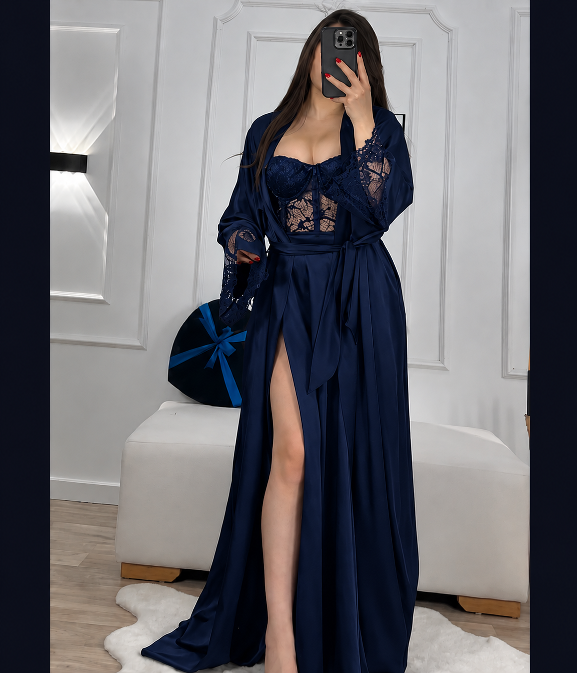 Black Silk Robe with Sheer Lace Overlay – Luxury Flowing Nightwear Set | Original Silk