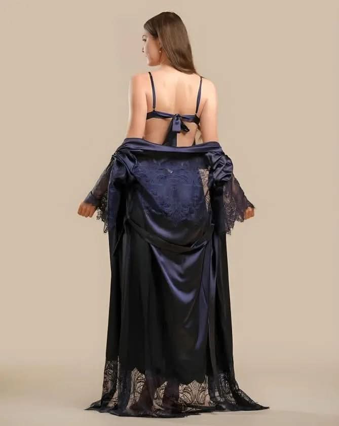 Elegant 2-Piece Silk Nightwear Set with Lace Detailing – Luxurious Midi Nightdress & Matching Robe
