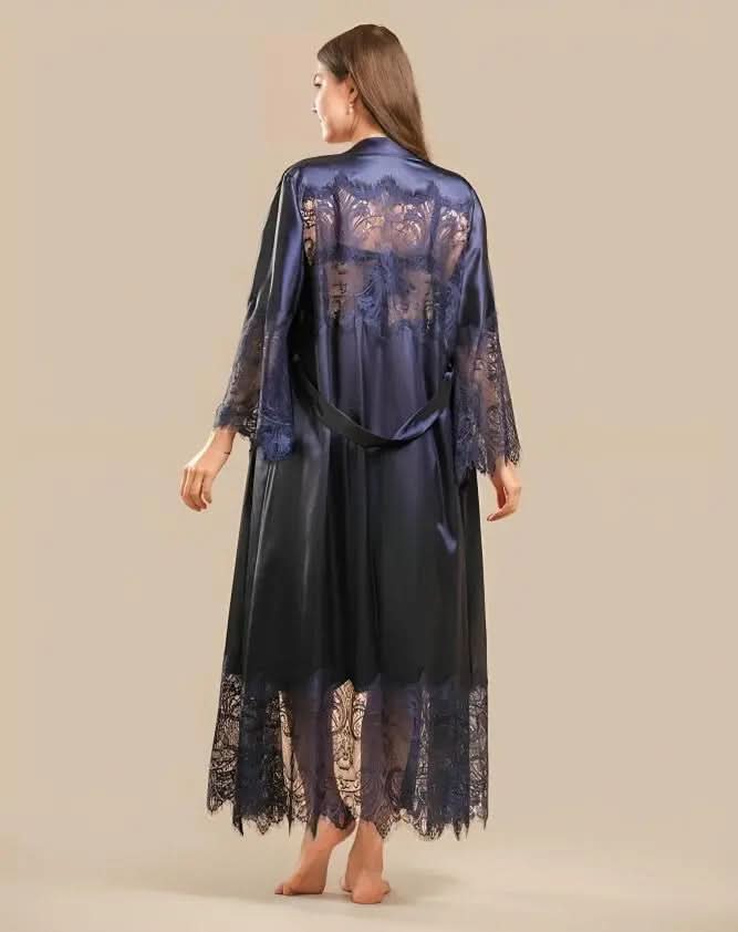 Elegant 2-Piece Silk Nightwear Set with Lace Detailing – Luxurious Midi Nightdress & Matching Robe