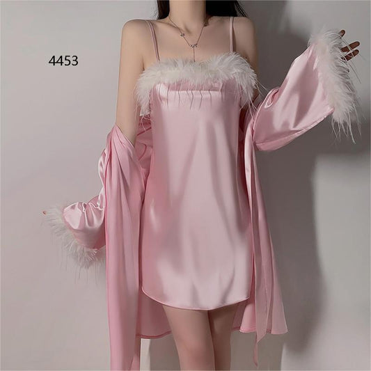 Blush Satin Feather-Trim Nightdress Set