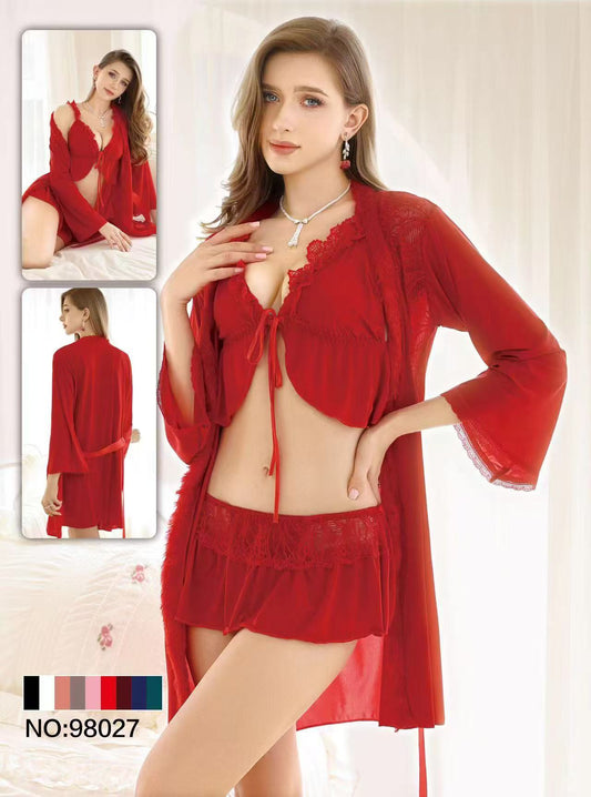 Red Lace 3-Piece Nightwear Set – Elegant, Soft & Seductive