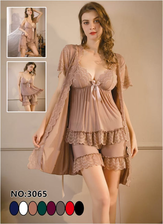 Soft Elegance 3-Piece Nightwear Set – With Delicate Lace Detailing