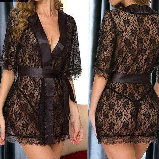 Sheer Lace Robe with Satin Belt