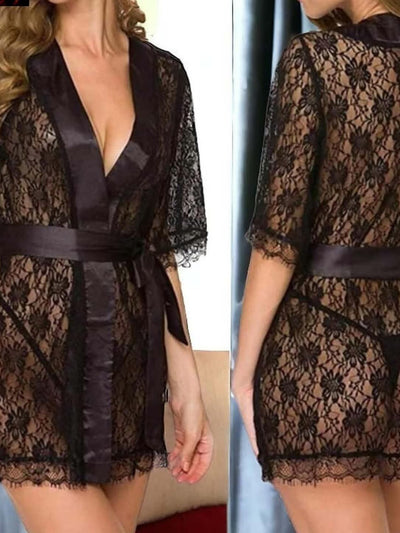 Sheer Lace Robe with Satin Belt