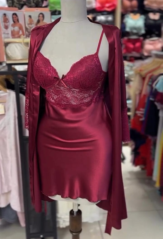 Burgundy Satin Lace Nightwear Set