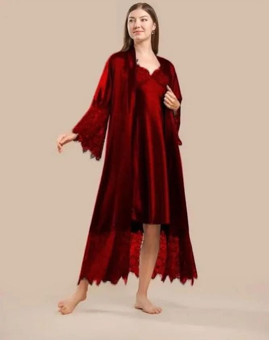 Elegant 2-Piece Silk Nightwear Set with Lace Detailing – Luxurious Midi Nightdress & Matching Robe