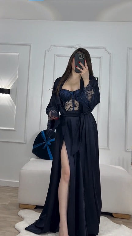 Black Silk Robe with Sheer Lace Overlay – Luxury Flowing Nightwear Set | Original Silk