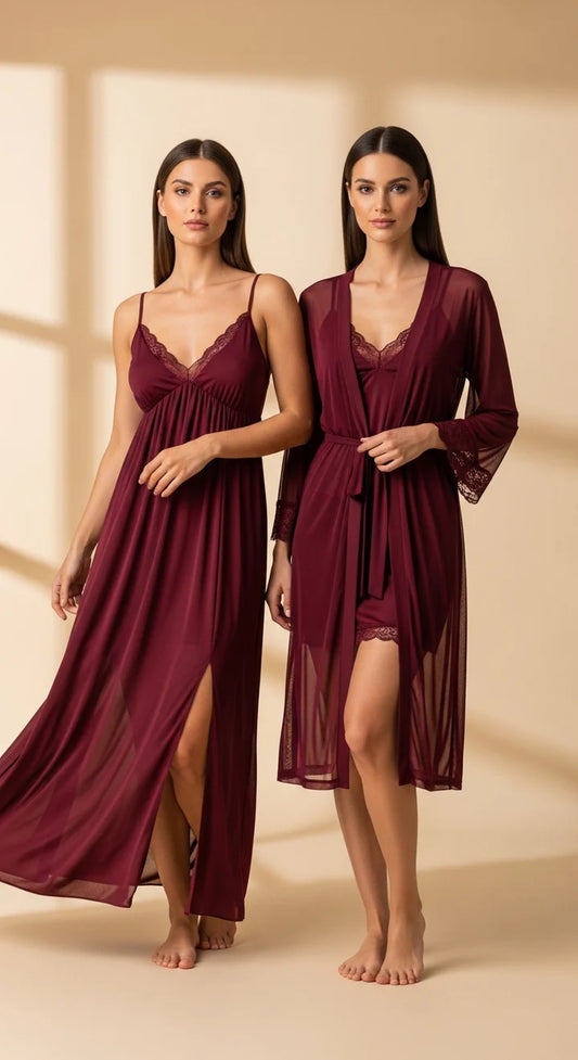 4-Piece Floral Nightwear Set + Sheer Lace Robe with Satin Belt