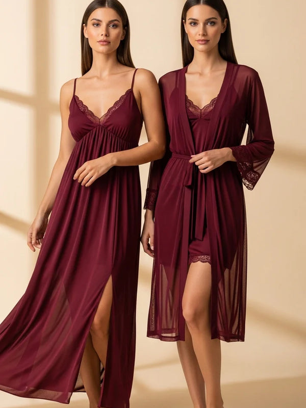 4-Piece Floral Nightwear Set + Sheer Lace Robe with Satin Belt