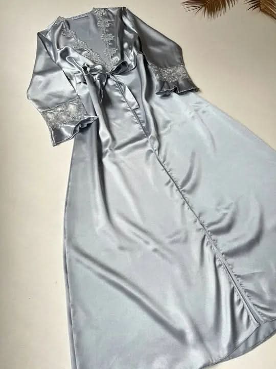 Grey Luxury 6-Piece Silk Nightwear Set with Long Slit