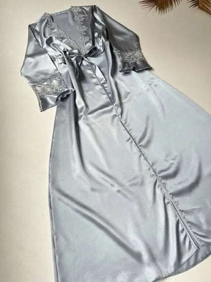 Grey Luxury 6-Piece Silk Nightwear Set with Long Slit